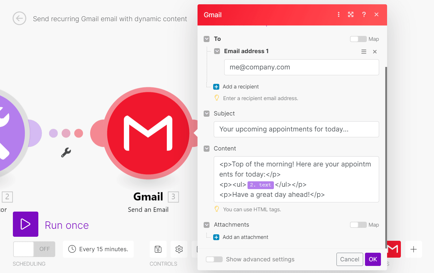 Send an Email in Gmail - dynamic content