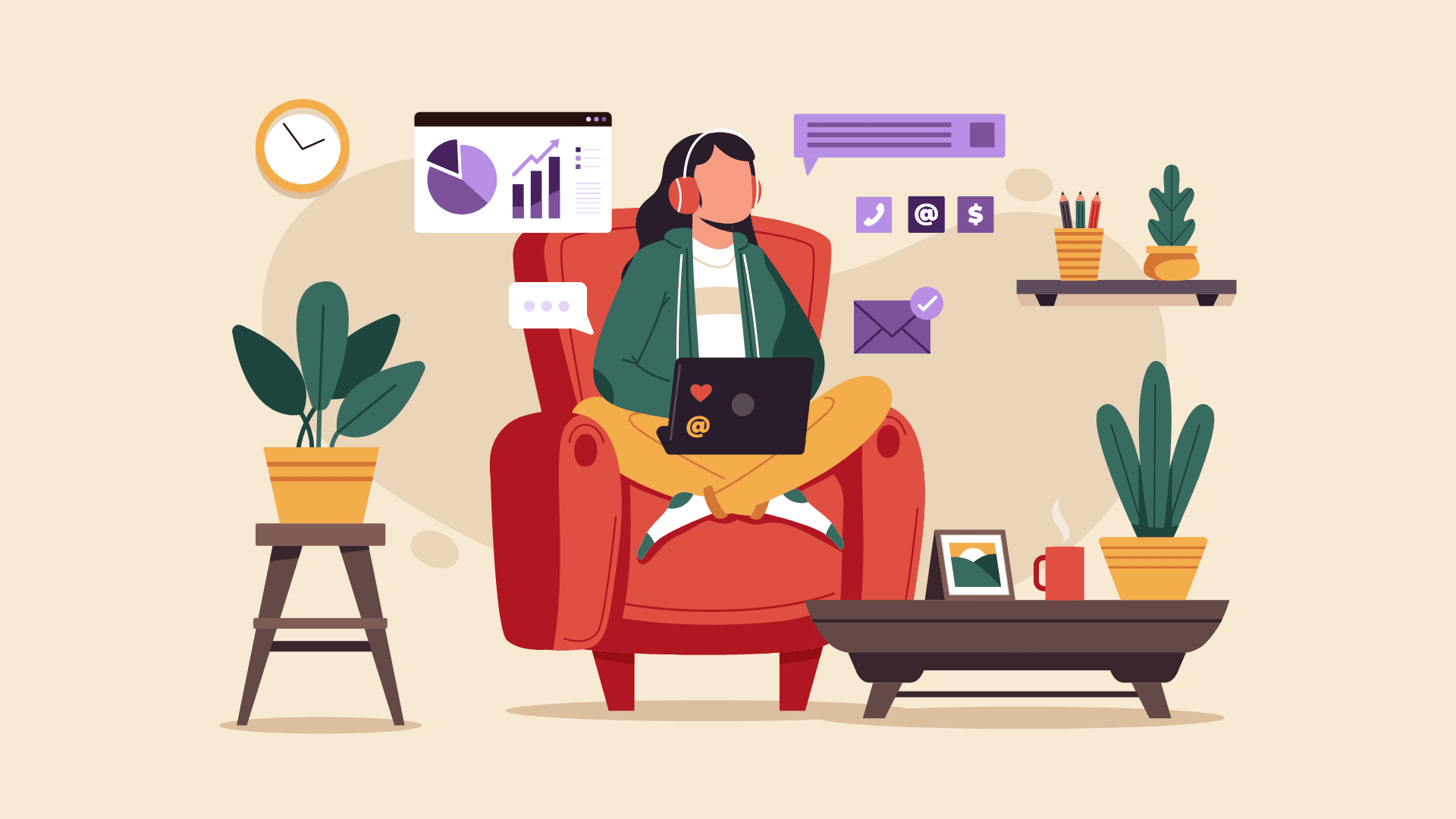 A woman with headphones and laptop working remotely from home.