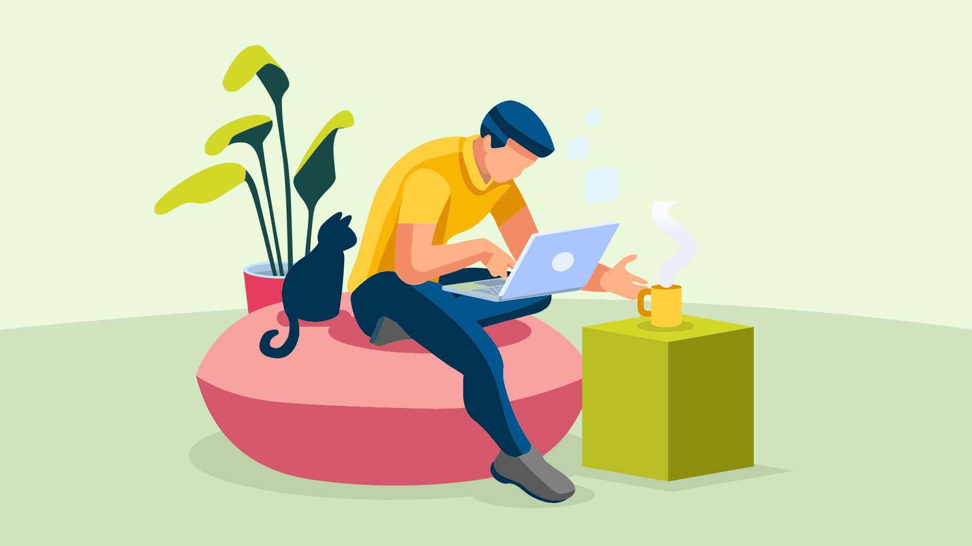 A freelancer with his laptop and cat working from home.