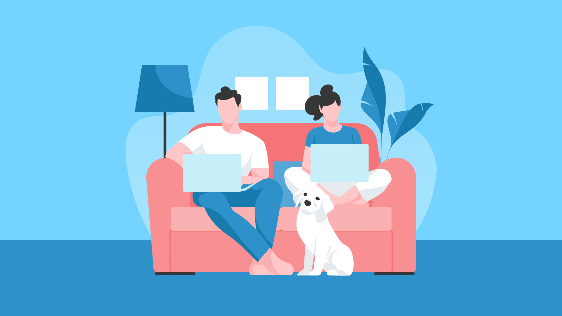 Couple with laptops working from home with their dog.