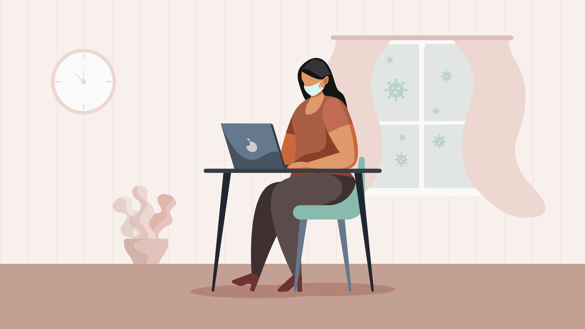 A woman with a face mask working from home.
