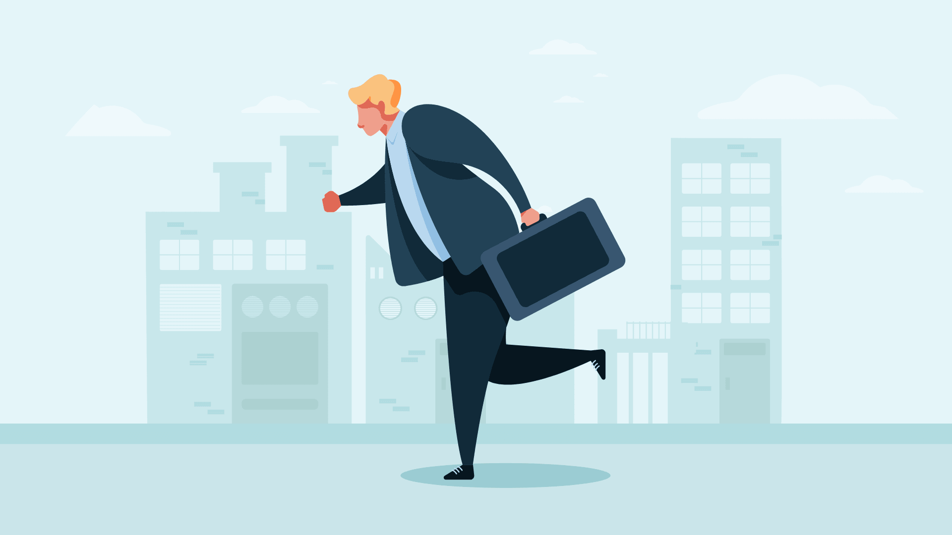A businessman with a suitcase running to work.