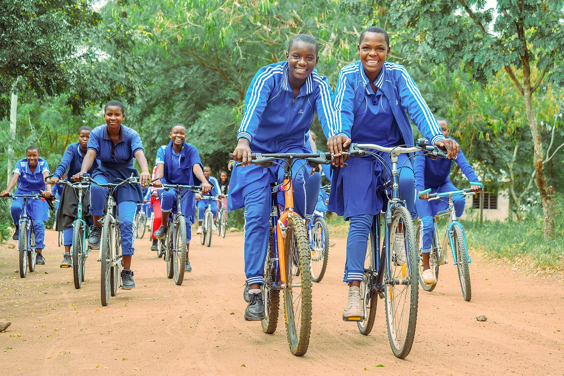 Several students cycling to school