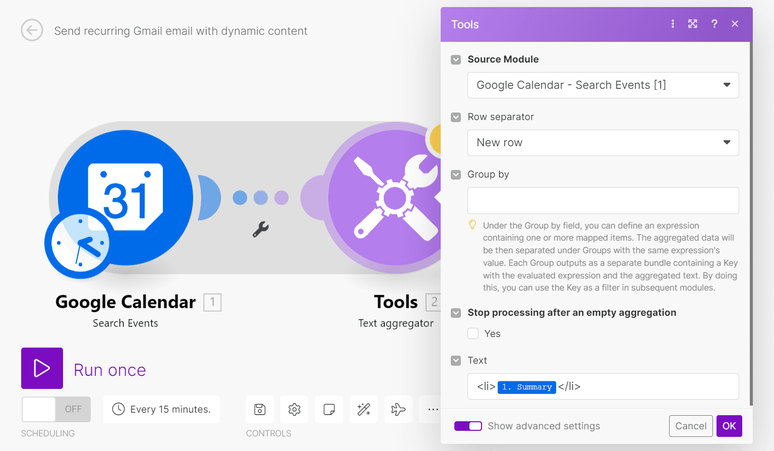 Text aggregator settings