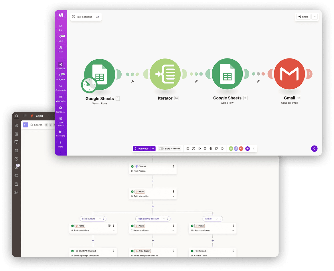 A visual comparison of the UI of Make and Zapier