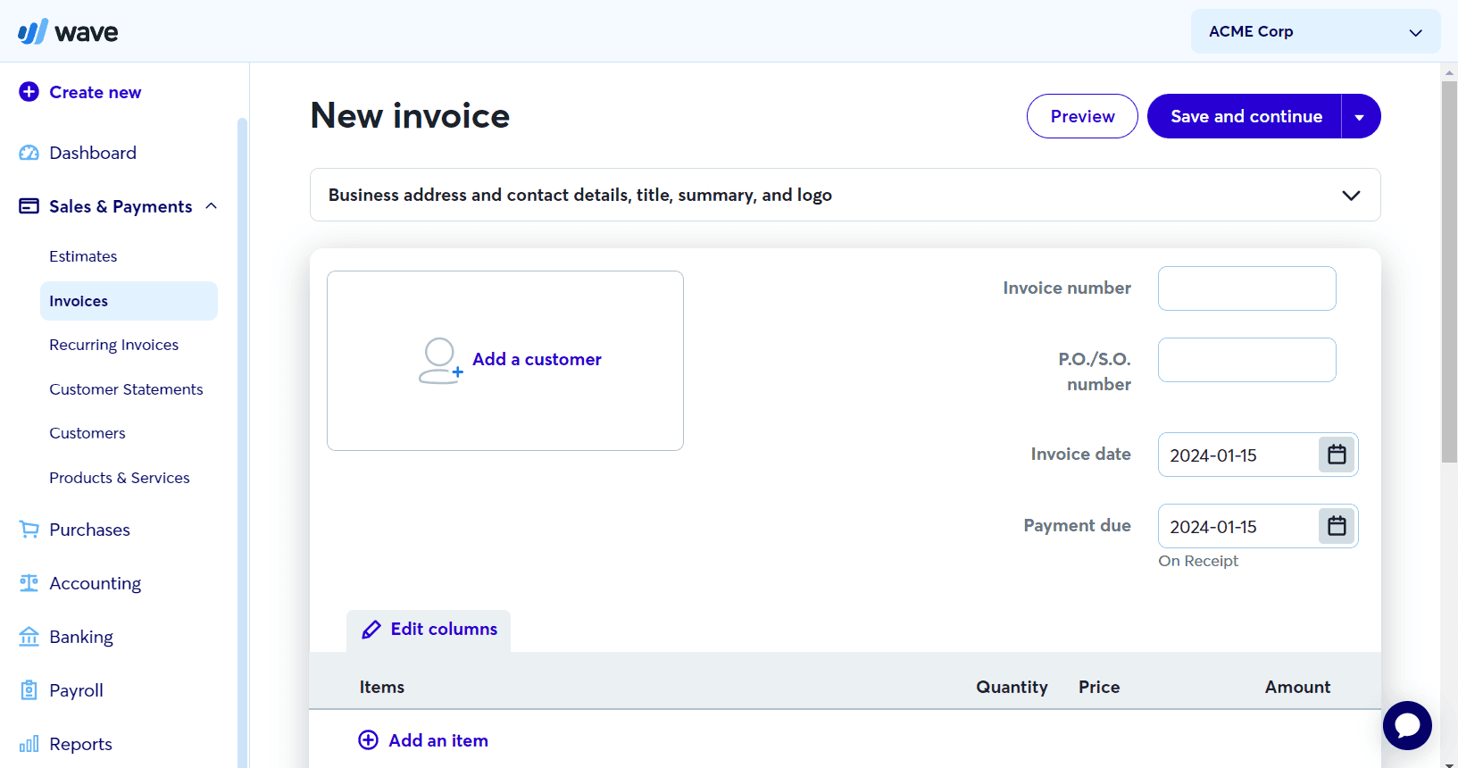 wave invoicing software dashboard