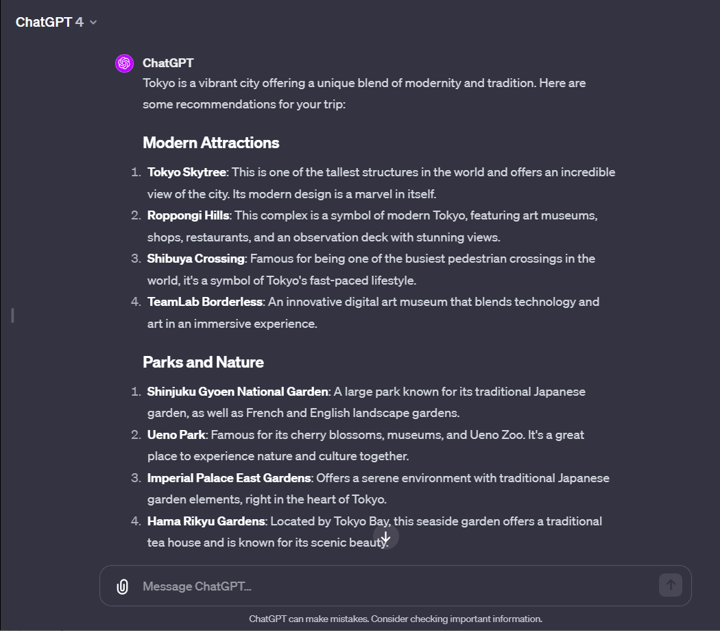 ChatGPT tailored Tokyo trip response