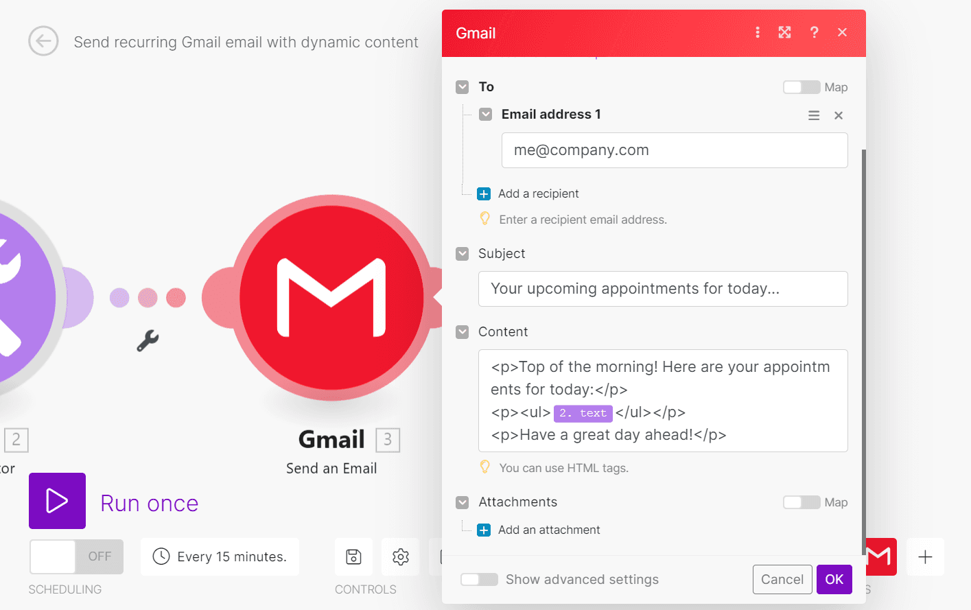 Send an Email in Gmail - dynamic content
