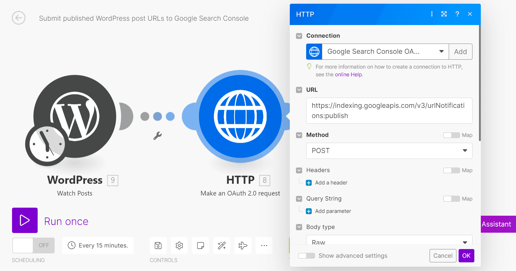 API Integration - HTTP module dialog box