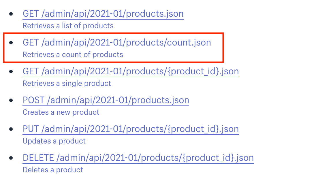 available Shopify API endpoint