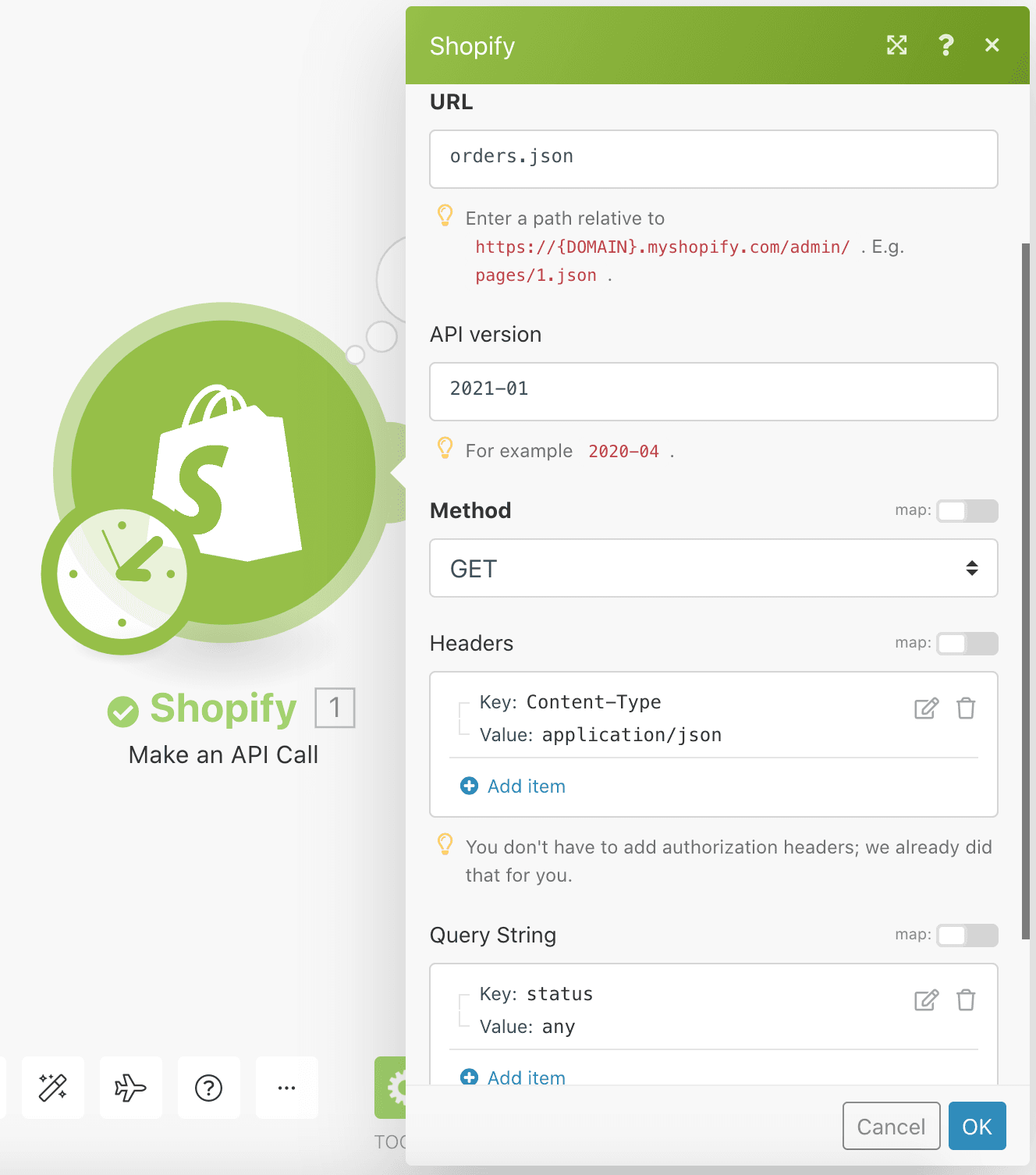 Make an API call Shopify