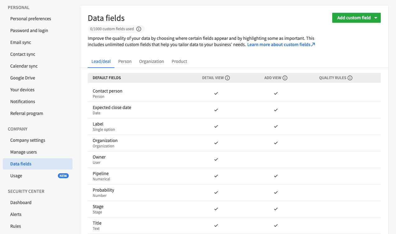 Pipedrive data fields settings
