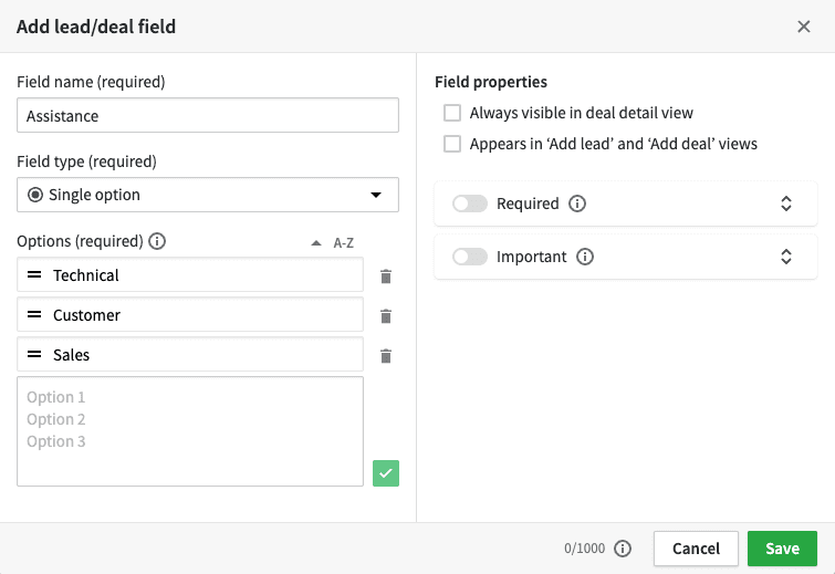 Pipedrive add new data field settings page 2