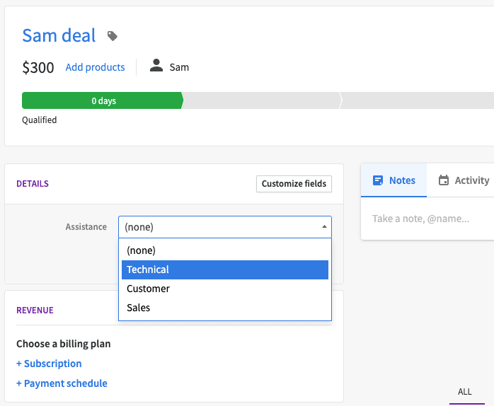 Pipedrive deal with custom field