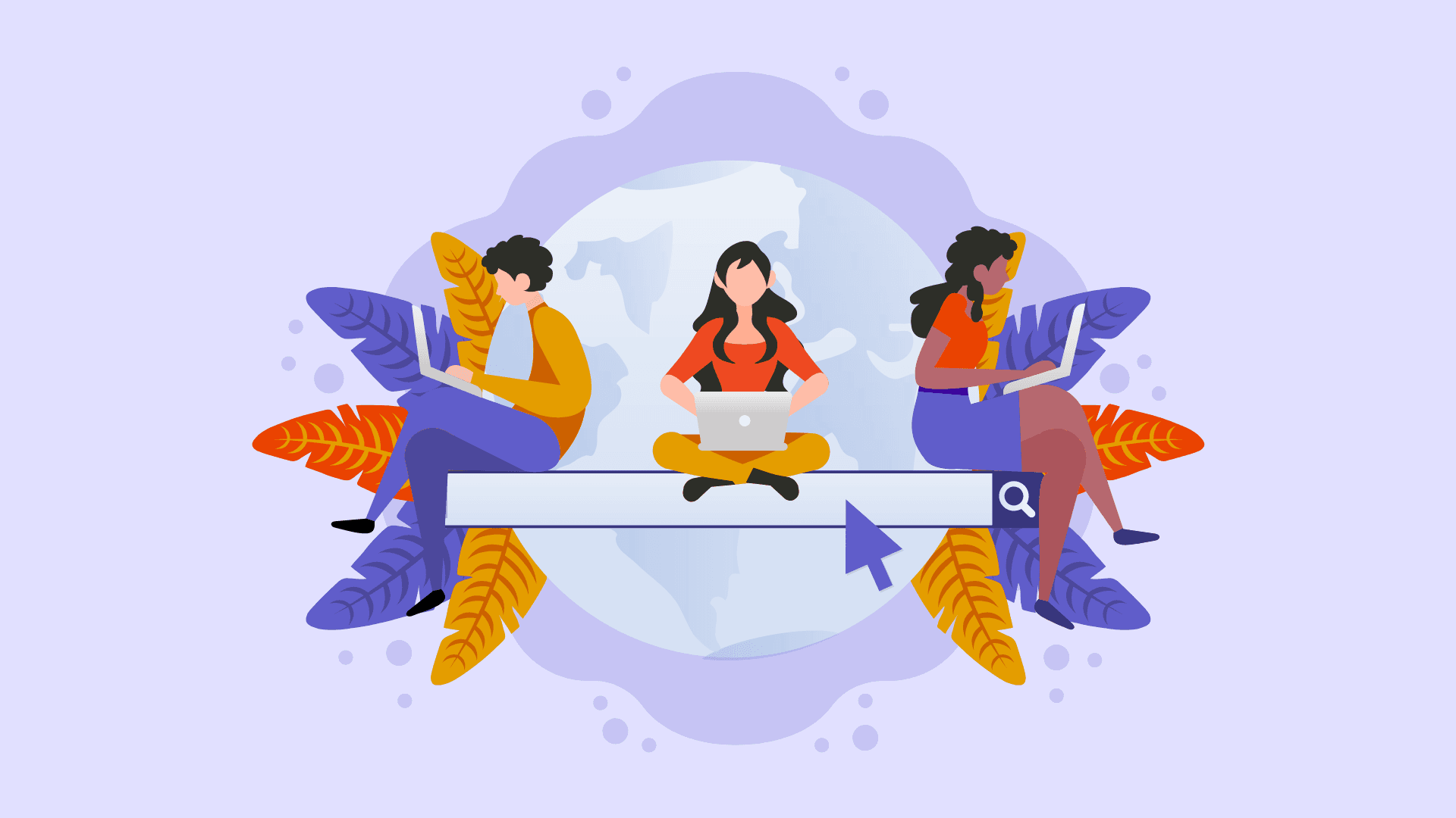 Three people with laptops sitting on a big search bar.