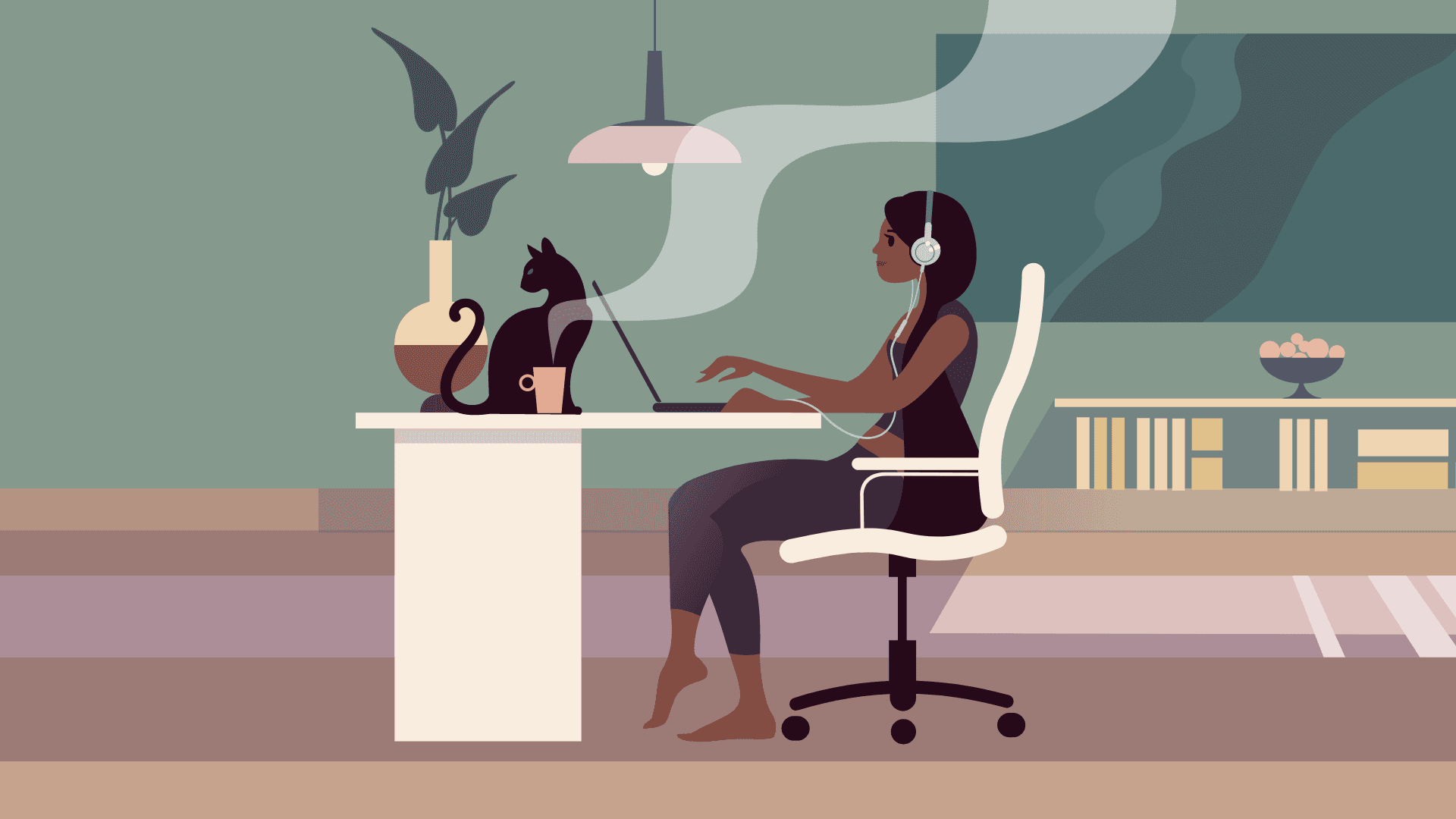 A productive woman with laptop and headphones working from home.