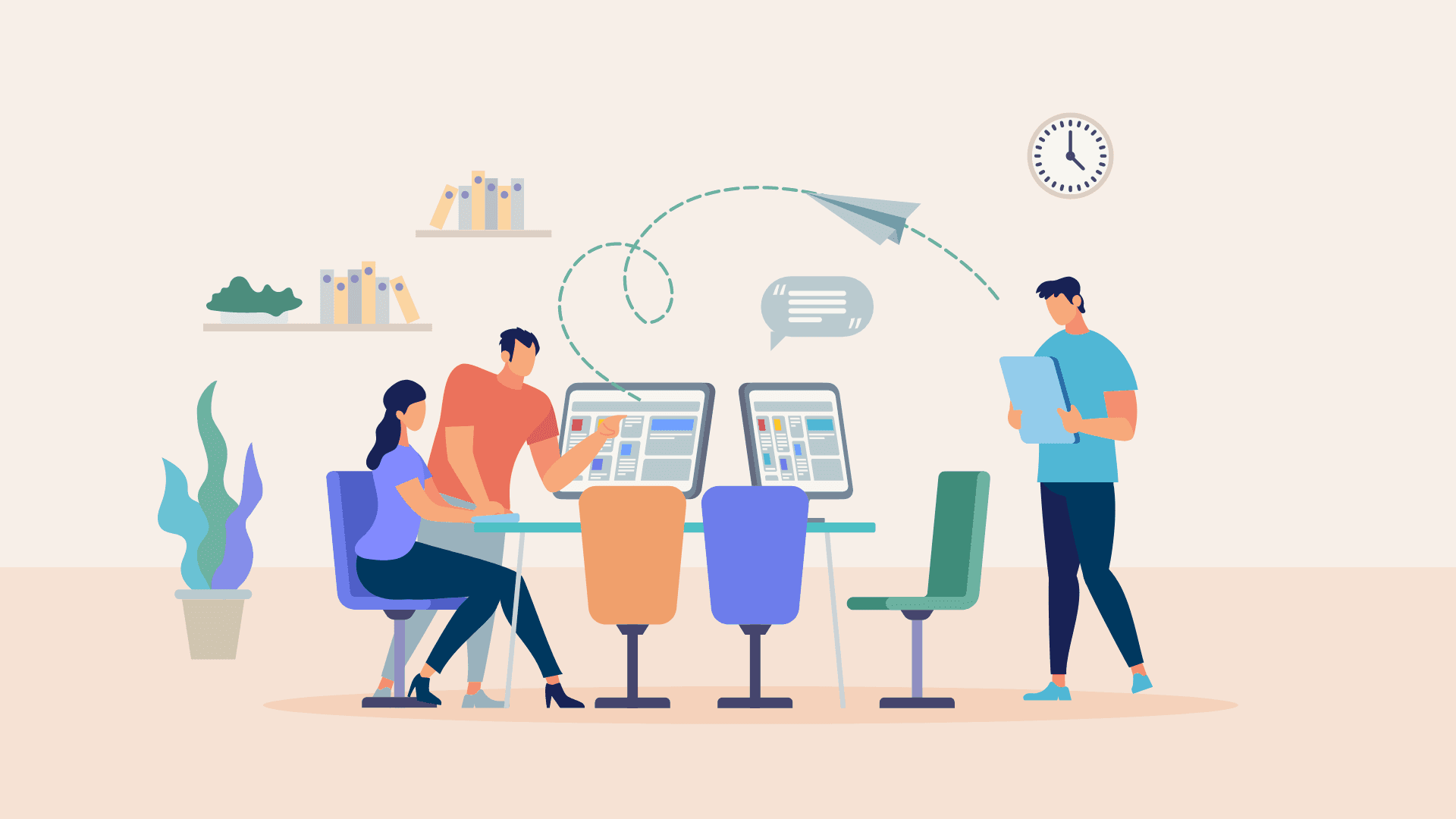 Colleagues sharing files and ideas at work.