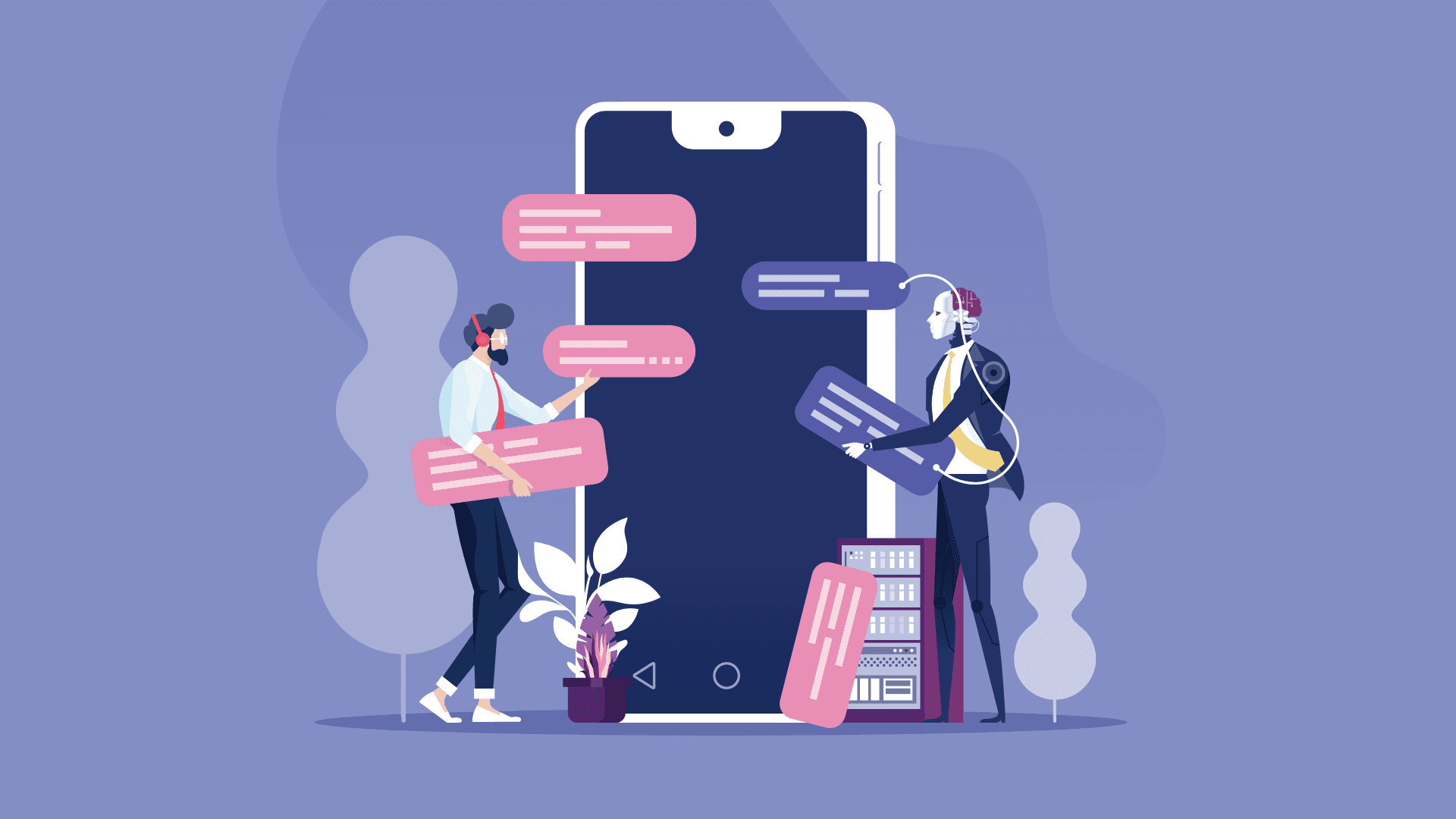 A businessman with headphones chatting with a chat bot.