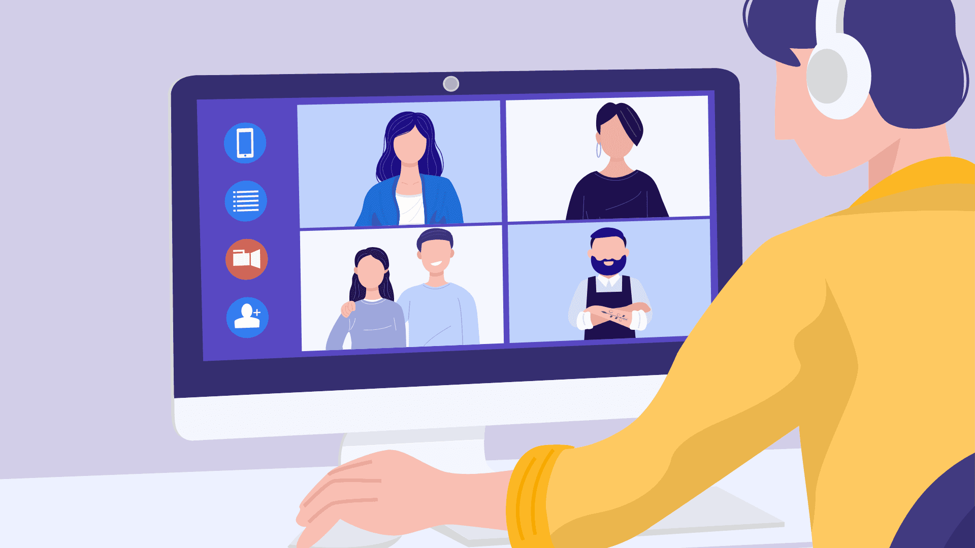 A guy with headphones having an online team meeting.