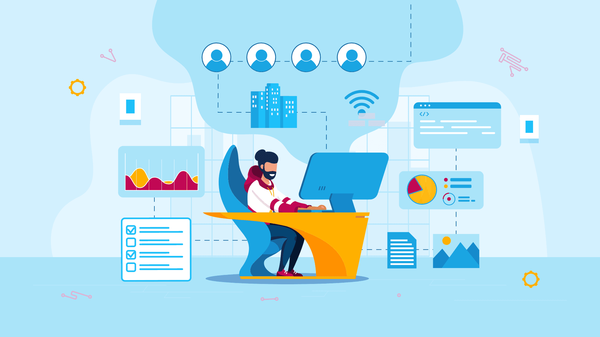 A man in his office working with integration software.