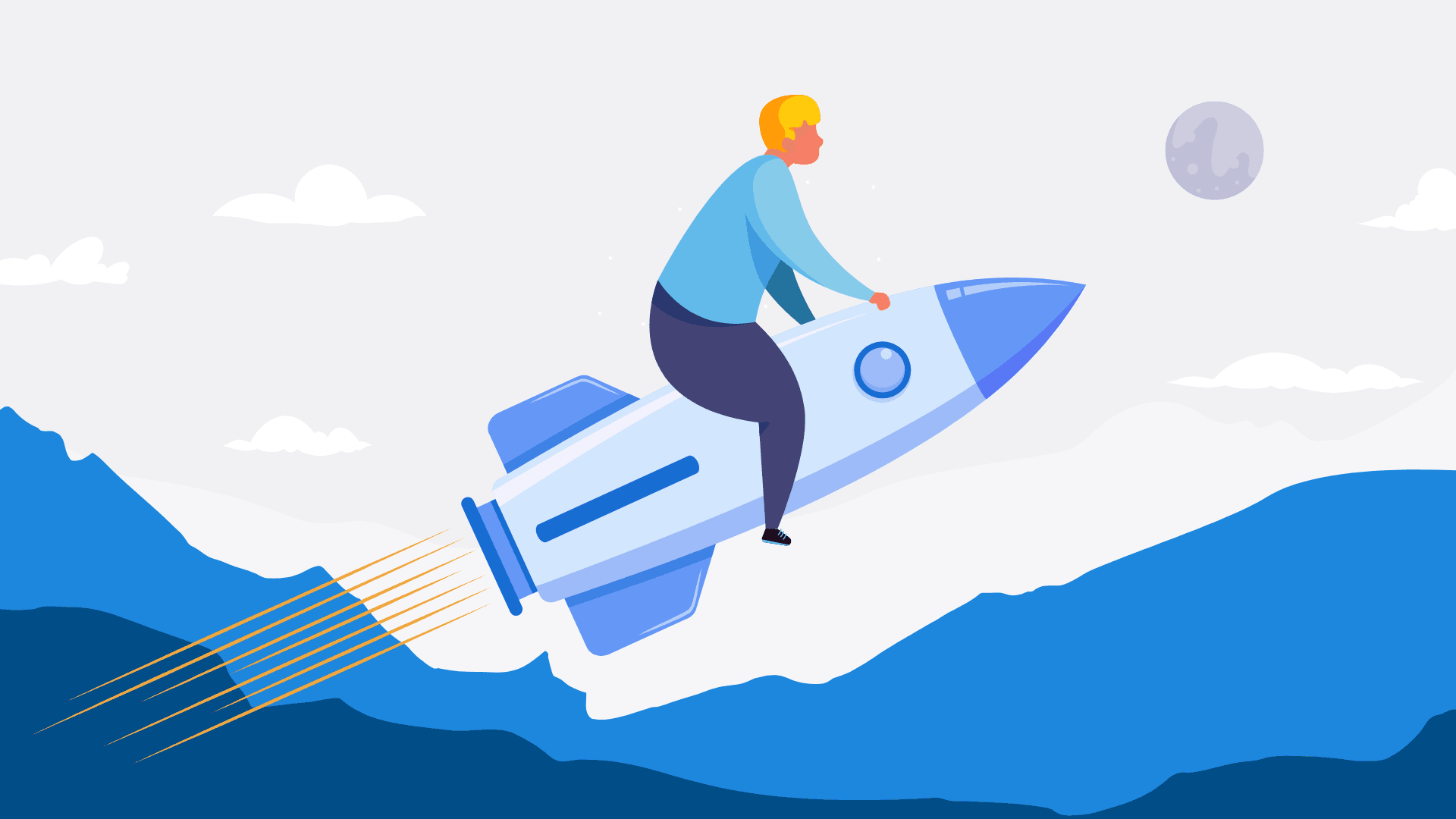 A man sitting on a rocket heading to the sky.