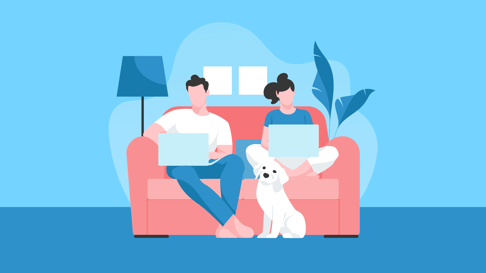 Couple with laptops working from home with their dog.
