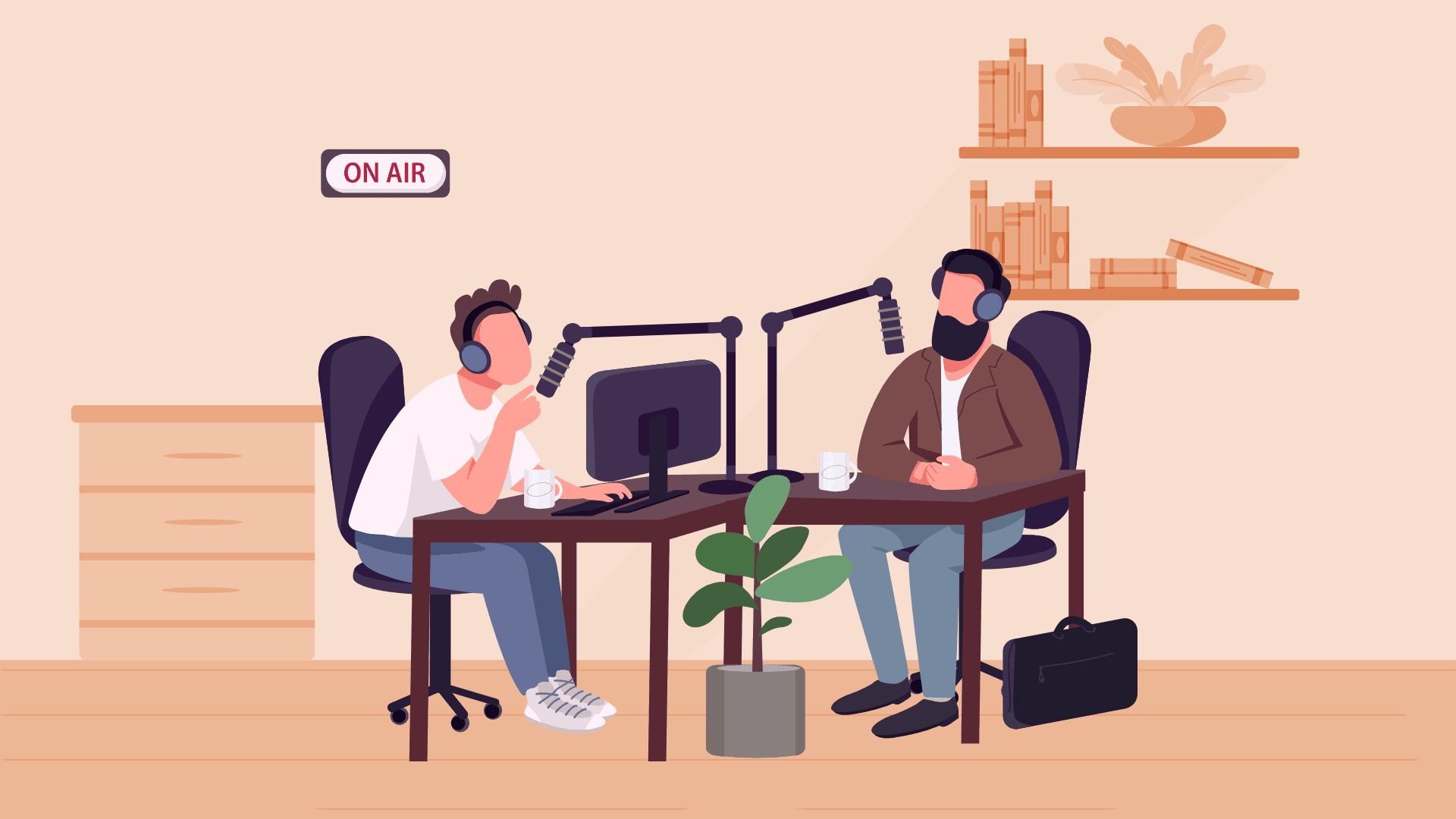 Two men with headphones recording a podcast.