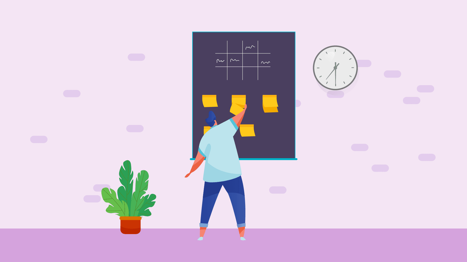 A man planning tasks using sticky notes on a blackboard.