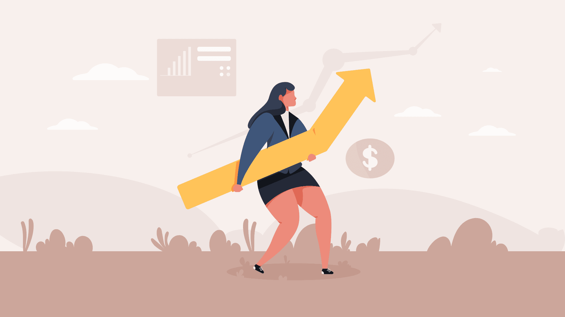 A businesswoman holding a big arrow.