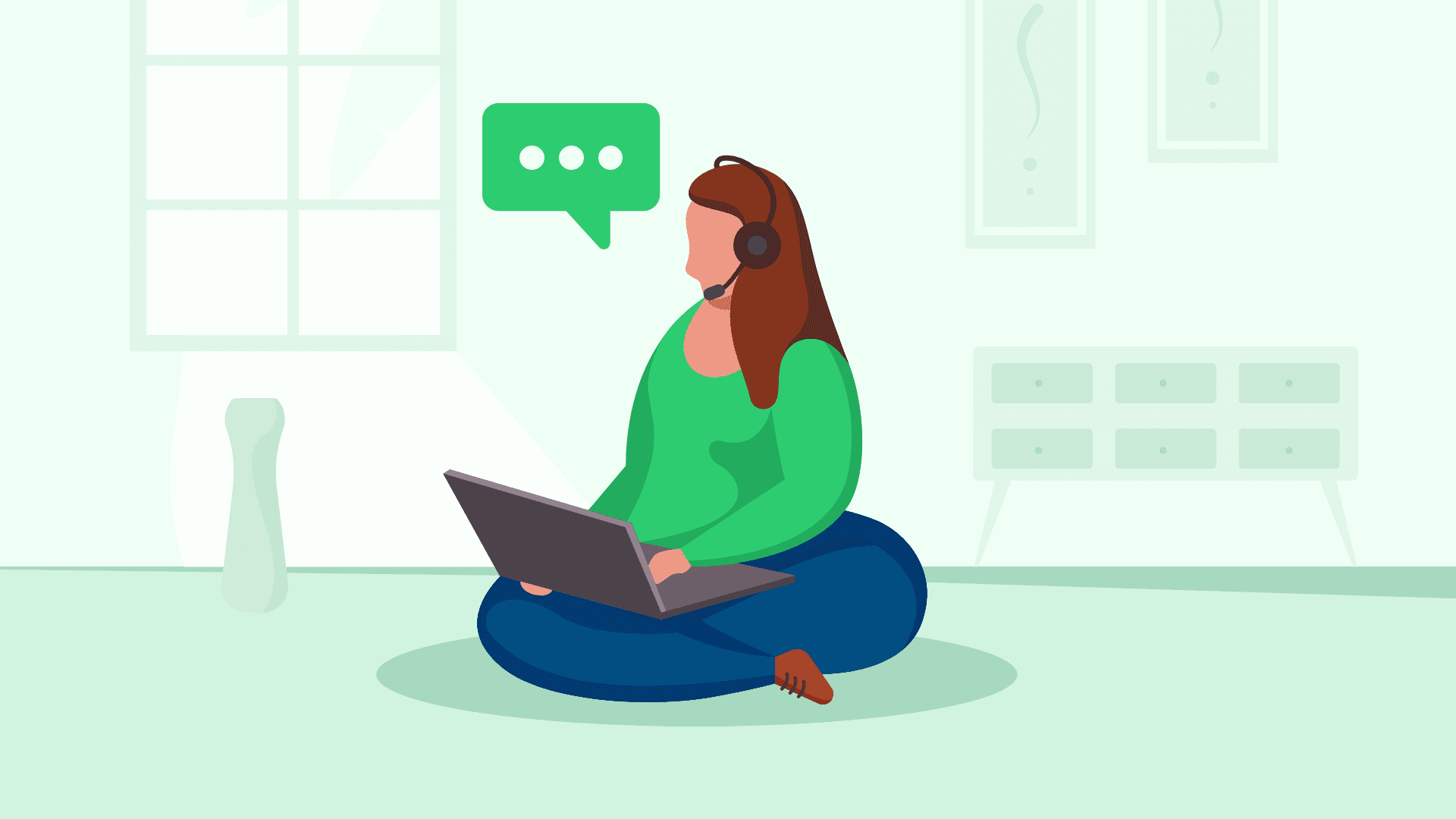 A woman with headphones working as a customer support.