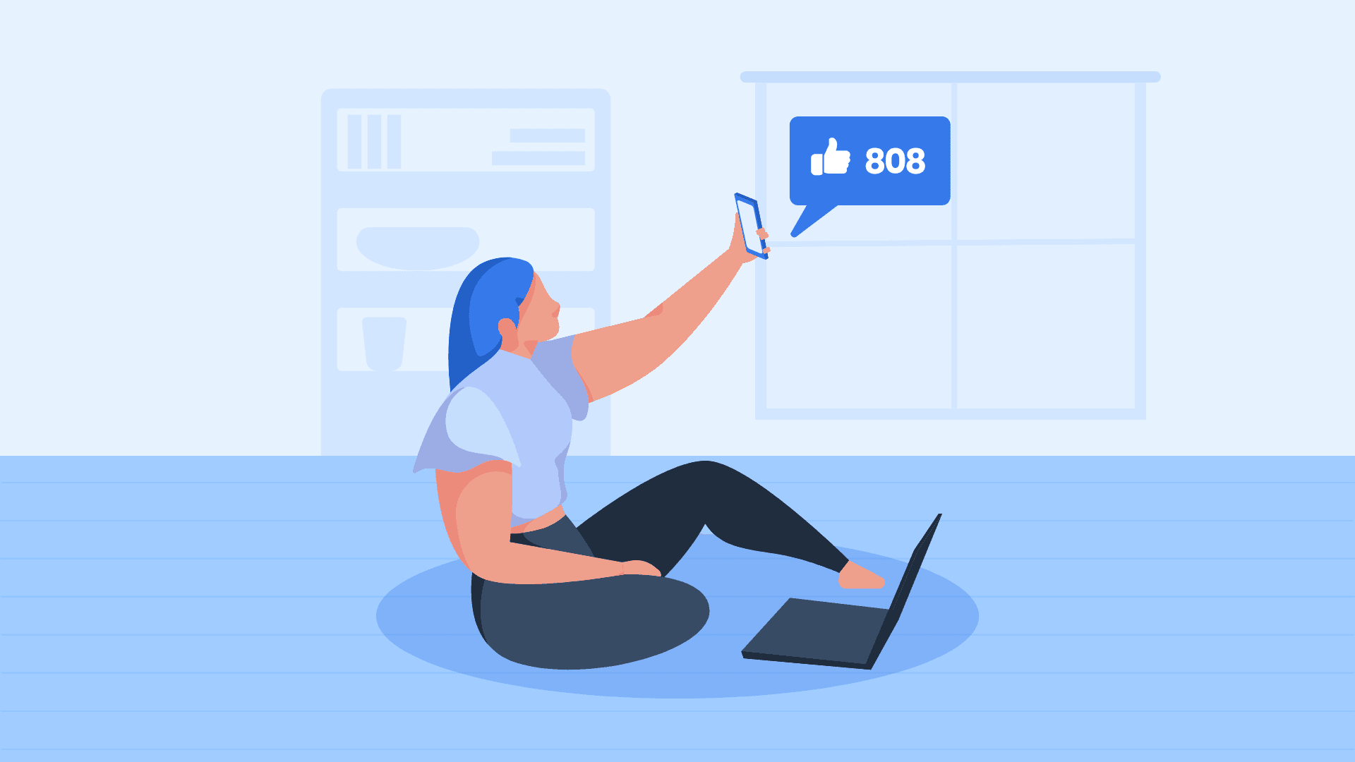 A woman with a laptop getting Facebook likes.