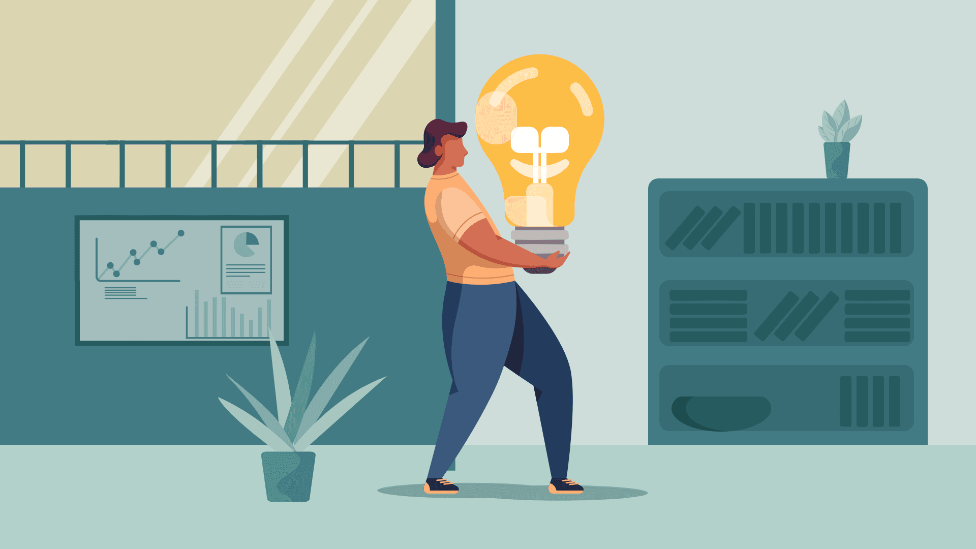 Innovative woman holding a big lightbulb.