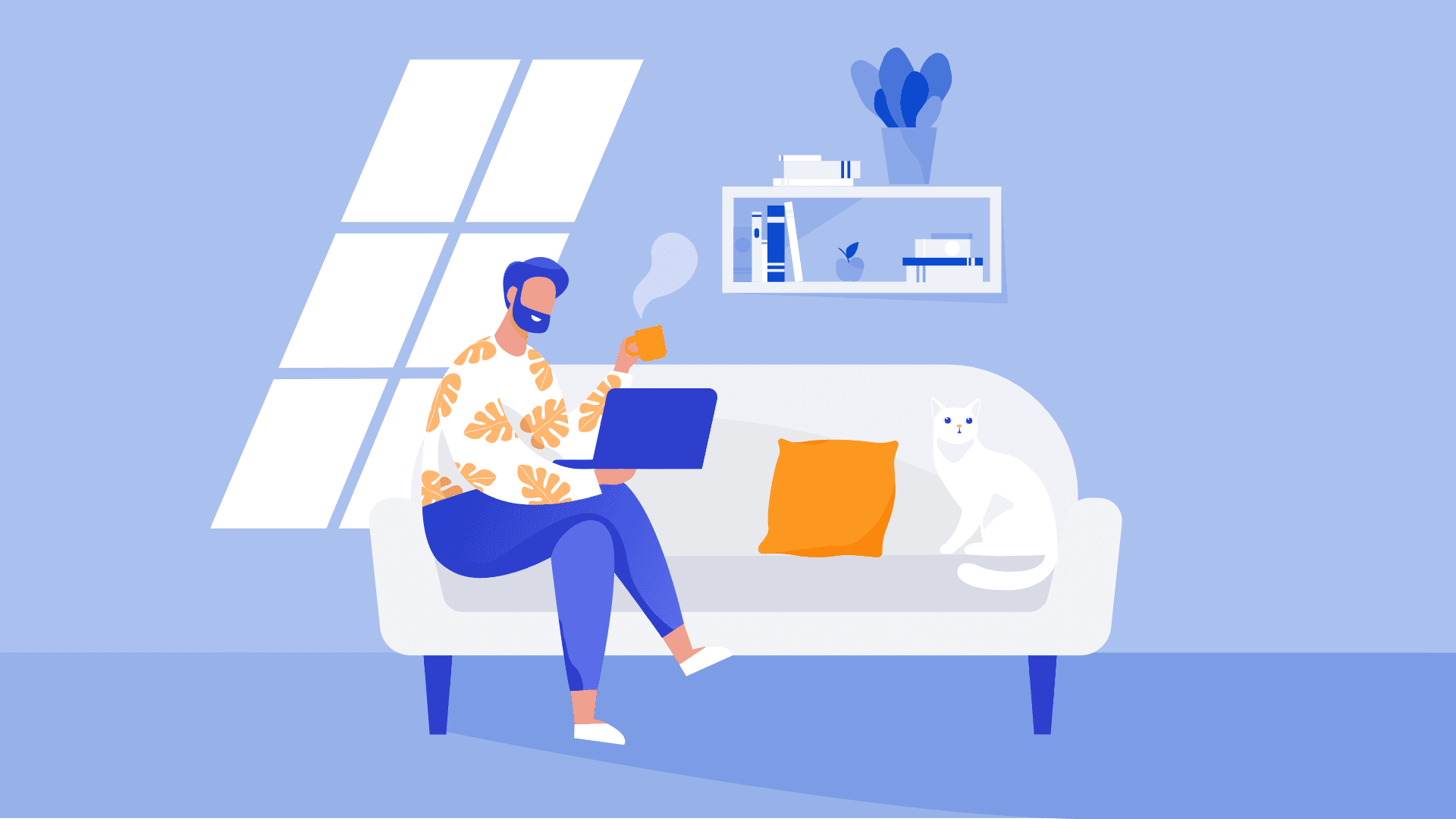 A man with laptop working remotely from home. Home office.
